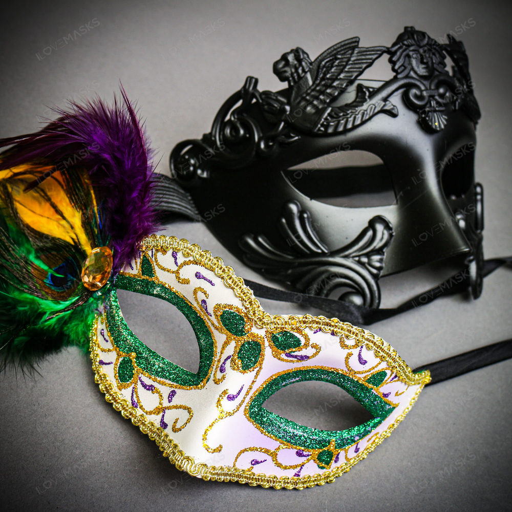 Venetian Black Ball Warrior Men & Women Feather Green Glitter Eye Couple Mask - Picture 2 of 6
